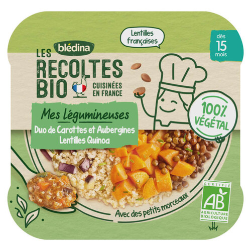 Blédina Récoltes Bio Duo de Carottes Aubergines Lentilles et Quinoa 250g