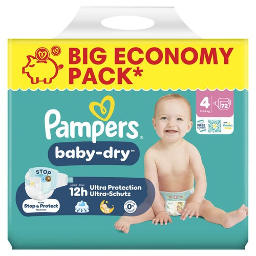 Pampers Baby-Dry Taille 4, 9kg-14kg, 72 Couches