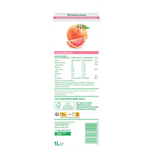 Tropicana Pur Jus Frais de Pamplemousse Rose la Brique de 1L