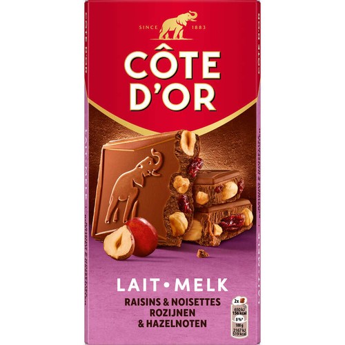 Côte D'Or Tablette Chocolat Au Lait Raisins Et Noisettes Entières 180g