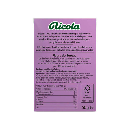 Ricola Bonbons Aux Plantes Des Alpes Suisses Fleurs De Sureau Sans Sucres 50g