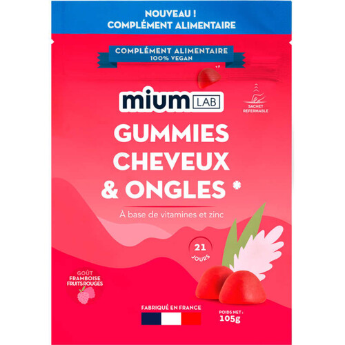 Mium Lab gummies cheveux & ongles goût framboise fruits rouges 105g