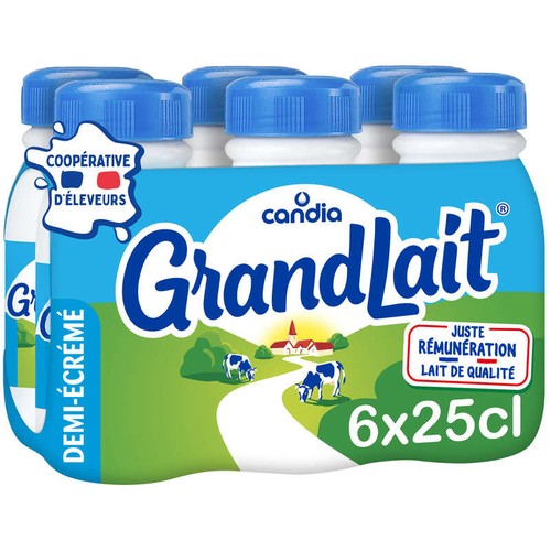 Candia Grandlait - Lait Demi-écrémé -  Le pack de 6x25cl