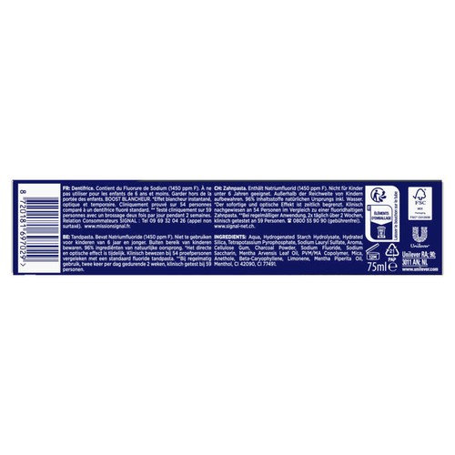 Signal White Now Dentifrice Blancheur 3en1 White Boost Charbon actif 75ml