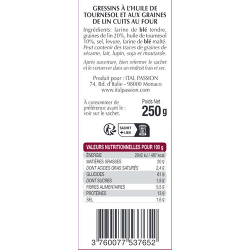 Florelli Grissini Artigianali Graines de Lin 250g