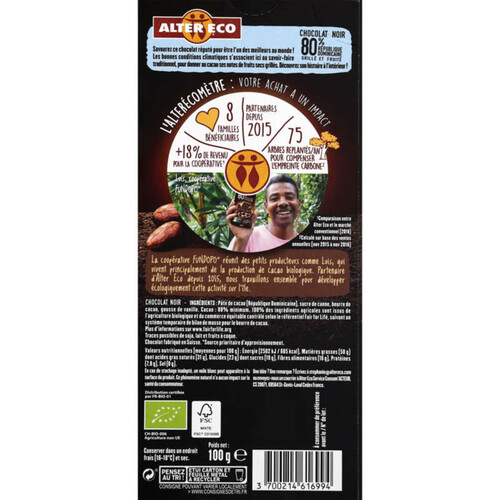 Alter Eco Chocolat Noir République Dominicaine 80% Bio 100G