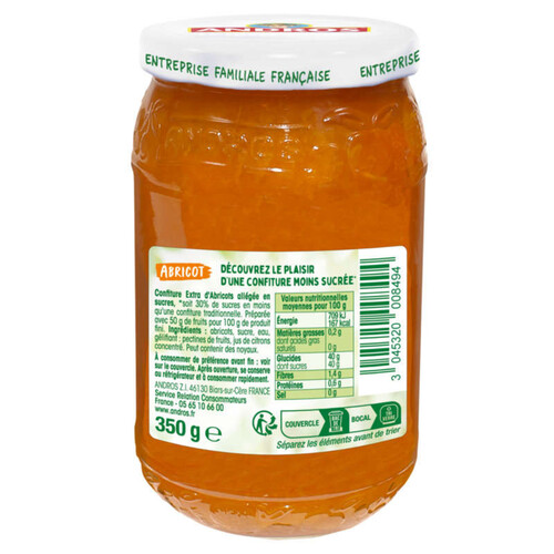Andros Confiture Allégée Abricots -30% de Sucre 350g