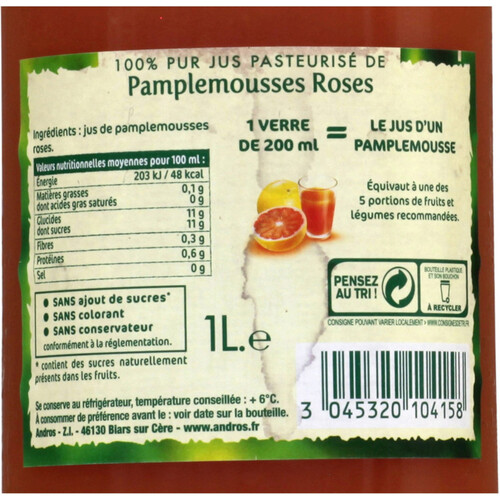 Andros Pamplemousse rose pressé 
1L
