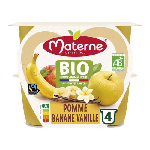 Materne Bio Compote Pomme Banane Vanille sans Sucres ajoutés Bio 4x100g