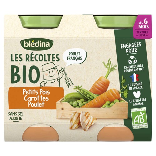 Blédina Petits Pots Bio Carottes Petits Pois Poulet Fermier 2x200g