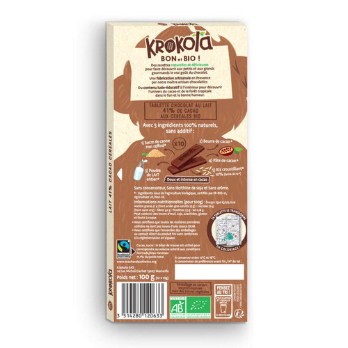 Krokola Chocolat Au Lait 41% 3 Céréale 100G