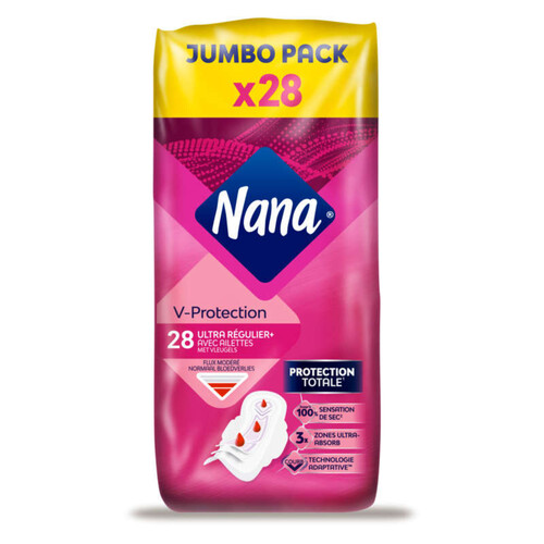 Nana Serviettes Hygiéniques V-Protection avec Ailettes Ultra Plus Jumbo Pack x28