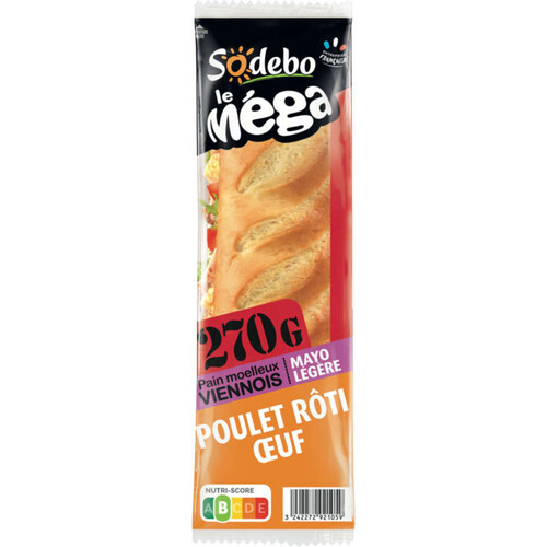 Sodebo Sandwich Méga baguette viennois poulet rôti œuf mayo légère 270g