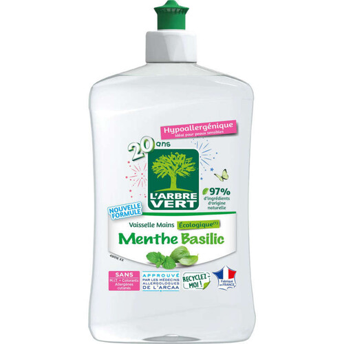 L'Arbre Vert liquide vaisselle ecolabel menthe basilic hypoallergénique 500ml