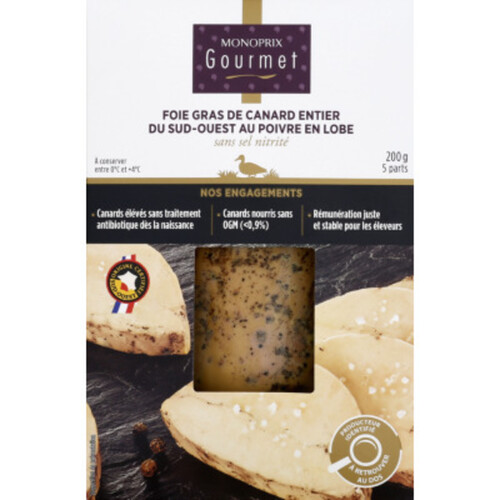 Monoprix Gourmet Foie gras de canard entier du Sud-Ouest au poivre lobe IGP 200g