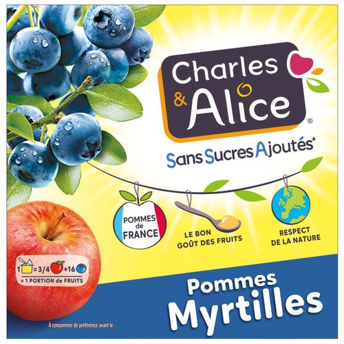 Charles & Alice desserts fruités pommes myrtilles sans sucres ajoutés 4x97g