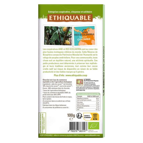 Ethiquable Chocolat Noir 90% Bio Origine Colombie