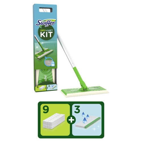 Swiffer Kit Complet Balai, 8 Lingettes Sèches + 3 Lingettes Humides