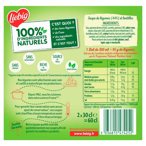 Liebig Mouliné de Légumes variés & lentilles -25% de sel 2x30cl