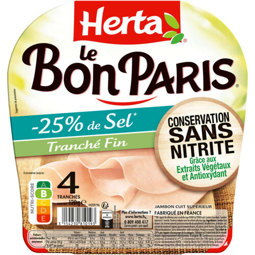 Herta Le Bon Paris Jambon Sans Nitrite sel réduit 4 Tanches