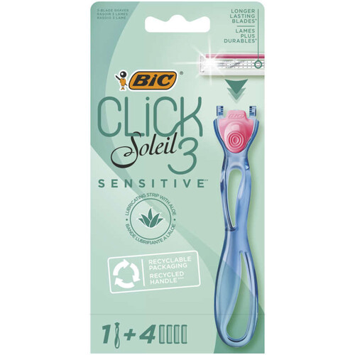 Bic click 3 soleil sensitive rasoirs rechargeables pour femme boîte de 1 manche + 4 recharges