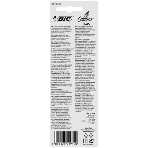 Bic Fun Stylo-Bille 4 Couleurs Fantaisie Assorties Rétractables Pointe Moyenne 1,0mm