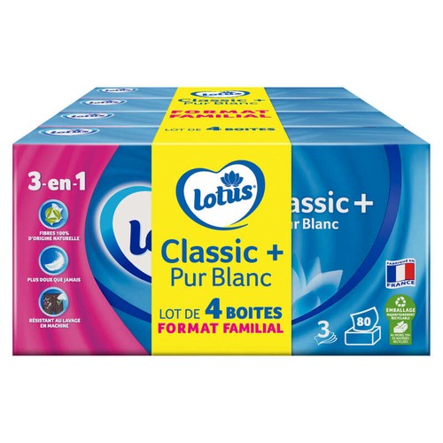 Lotus Classic+ Boite Mouchoirs Format Familial 4x80