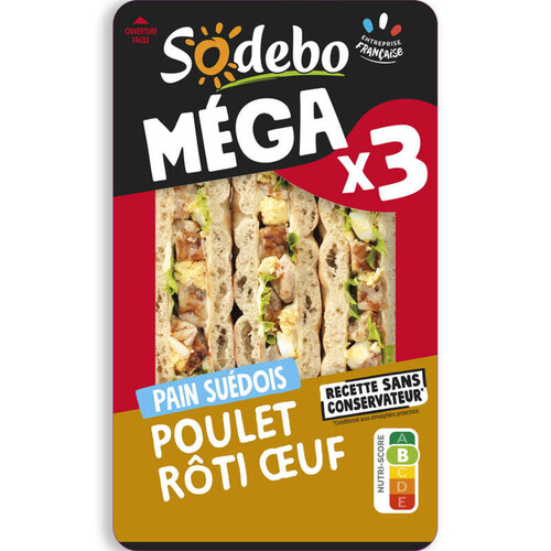 Sodebo Sandwich Méga club suédois poulet rôti œuf 230g