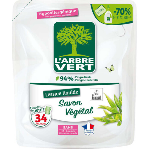 L'Arbre Vert recharge lessive savon végétal x34 lavages - 1.53L