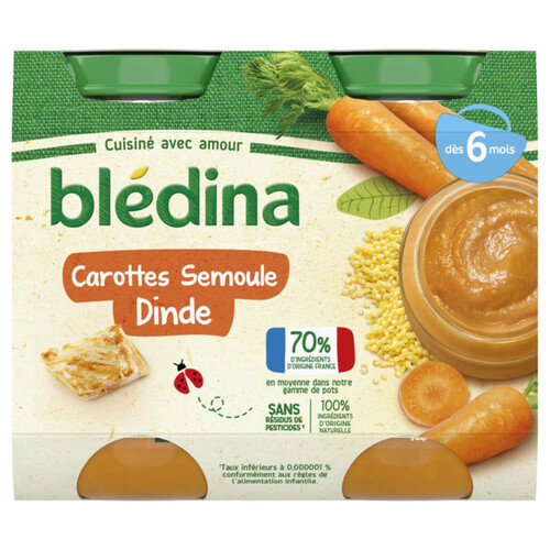 Blédina Pots Carottes Semoule Dinde dès 6 mois 2x200g