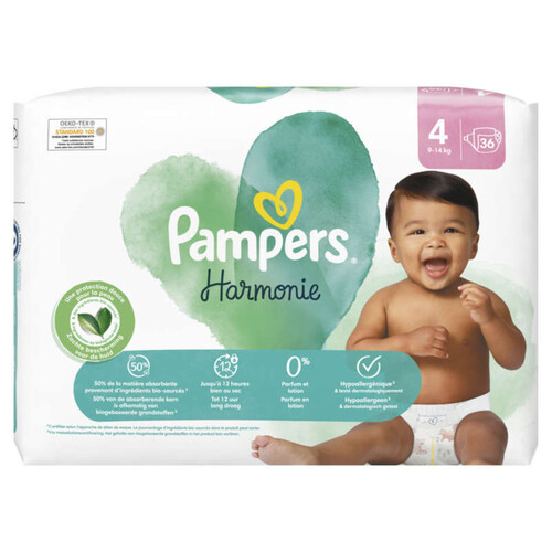 Pampers harmonie couches taille 4, 36 couches, 9kg - 14kg