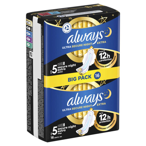 Always ultra serviettes secure night extra taille 5 ailettes x16