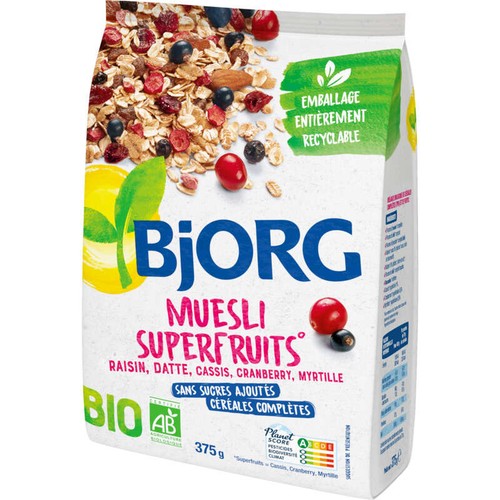 Bjorg Muesli superfruits raisin, cassis, cranberry, myrtille, Bio 375g