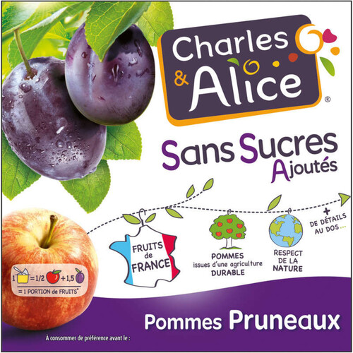 Charles & Alice Compote De Pomme Pruneaux Sans Sucres Ajoutés 4X100G