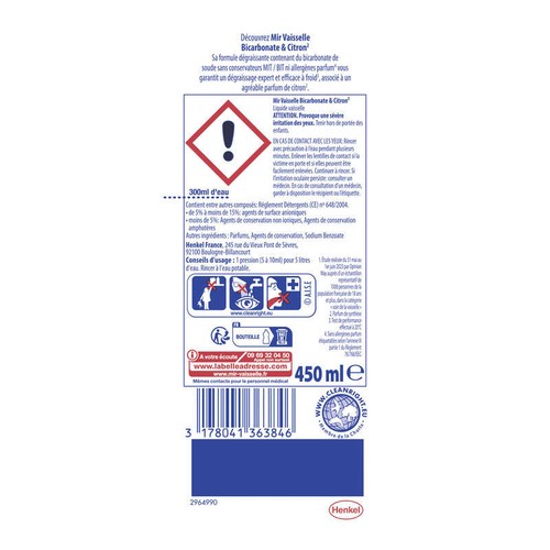 Mir Liquide Vaisselle Bicarbonate Citron 450ml