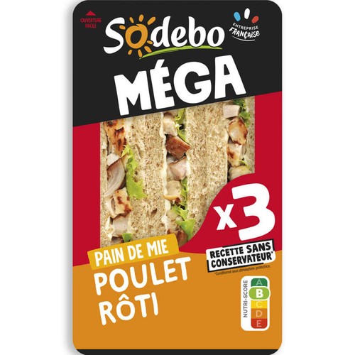 Sodebo Sandwich Méga club complet poulet rôti mayo légère 230g