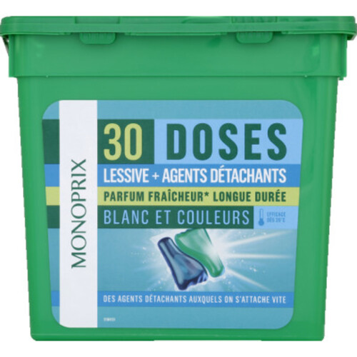 Monoprix Doses Lessive + Agents Détachants, Parfum Fraîcheur X30