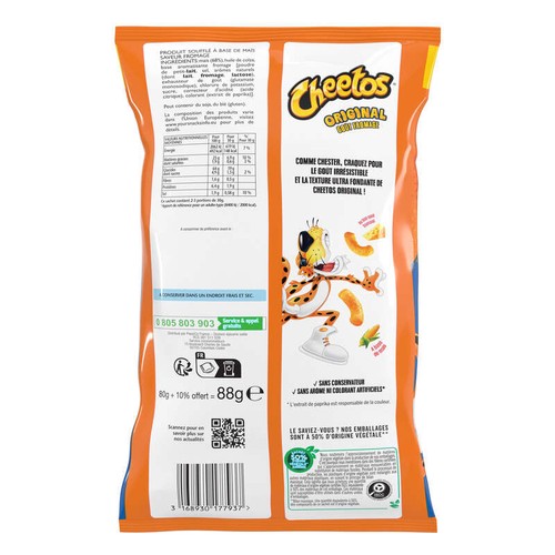 Cheetos L'Original Biscuits Apéritifs Soufflés Goût Fromage 80g + 10% Offert