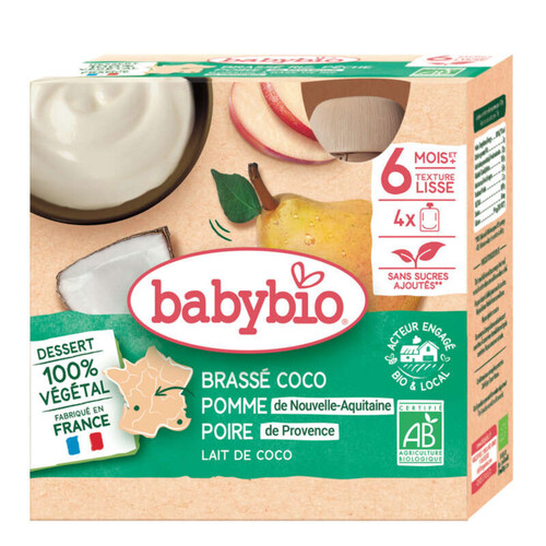 [Par Naturalia]  Babybio Dessert Brassé Bio Coco Pomme d'Aquitaine Poire Dès 6 mois 4x85g