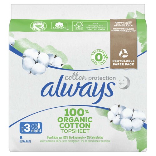 Always Cotton Protection Serviettes Hygiéniques Nuit 100% Coton Bio Taille 3 x8