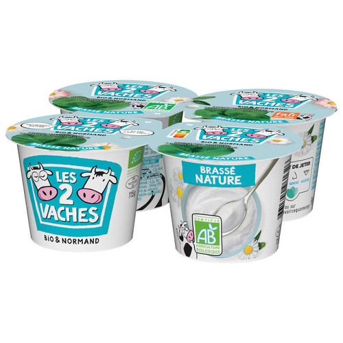 Les 2 Vaches Yaourt nature Brassé Bio 4x115g