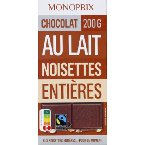 Monoprix Chocolat au Lait aux Noisettes Entières 200g