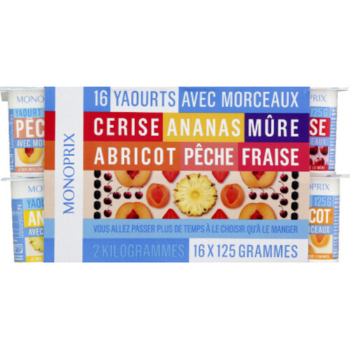 Monoprix Yaourts aux fruits avec morceaux, aromatisés abricot, ananas, pêche, fraise, cerise, mûre 16x125g