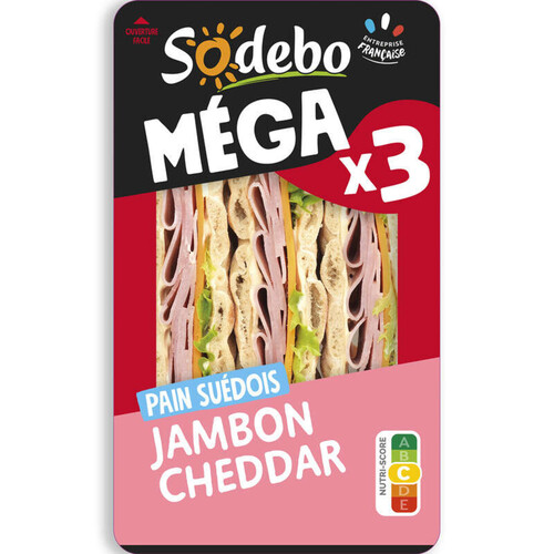 Sodebo Sandwich Méga club suédois jambon cheddar 230g