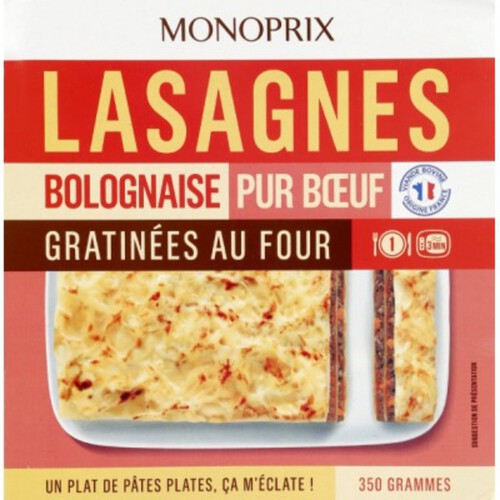 Monoprix Lasagnes Bolognaise Pur Bœuf Gratiné au Four 350g