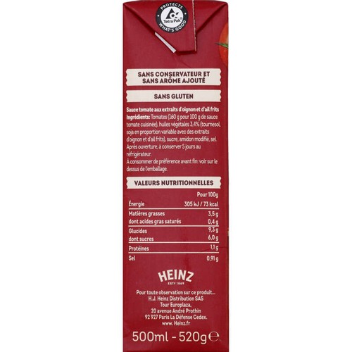 Heinz La Sauce Tomate Cuisinée Ail & Oignons Brique 520g