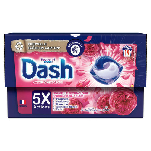 Dash Tout-en-1 PODS Lessive En Capsules 19 Lavages Jasmin et Rose de Mai