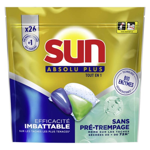Sun Absolu Plus Tout en 1 Capsules Lessive Bio Enzymes x26