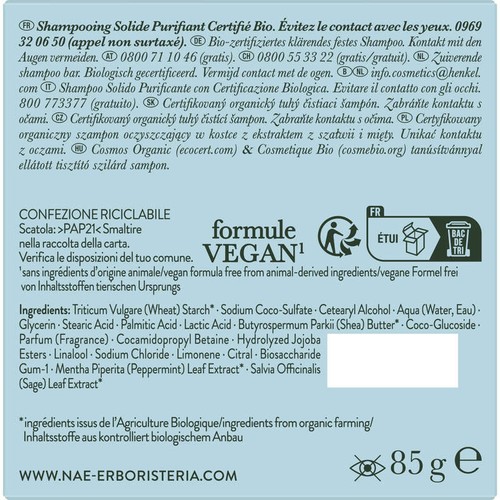 N.A.E. Shampooing solide Bio cosmos purifiant 85g