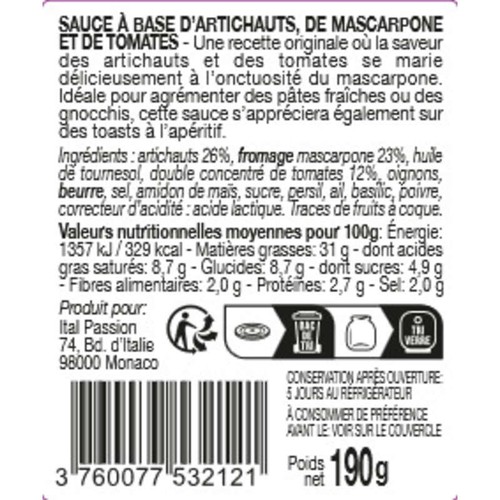 Florelli Sauce Pasta & Bruschetta Artichauts, Tomates, Mascarpone 190g